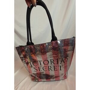 Victoria Secret Sequin Tote Bag Pink Silver Bling Sparkle Y2K McBling Zip